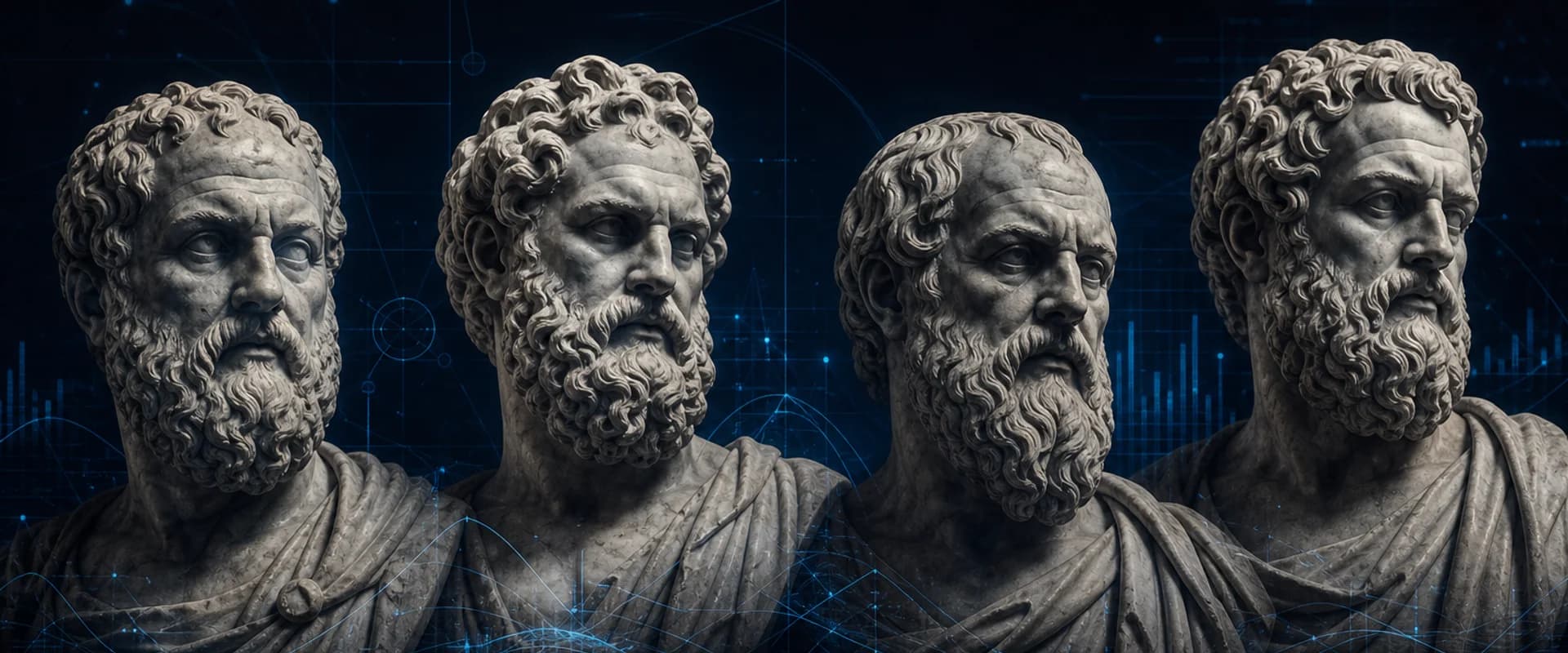 Four classical marble philosopher busts with electric blue holographic blueprint grids — book a strategy call with Thirdline Digital