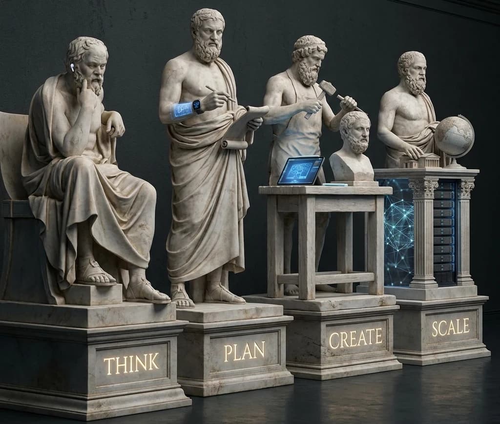 Four classical marble philosopher statues with modern technology representing strategy, content, and creative excellence — Thirdline Digital