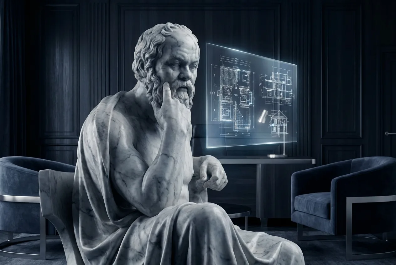 Marble philosopher statue at a desk with laptop and holographic analytics — thoughtful strategy and insight from Thirdline Digital