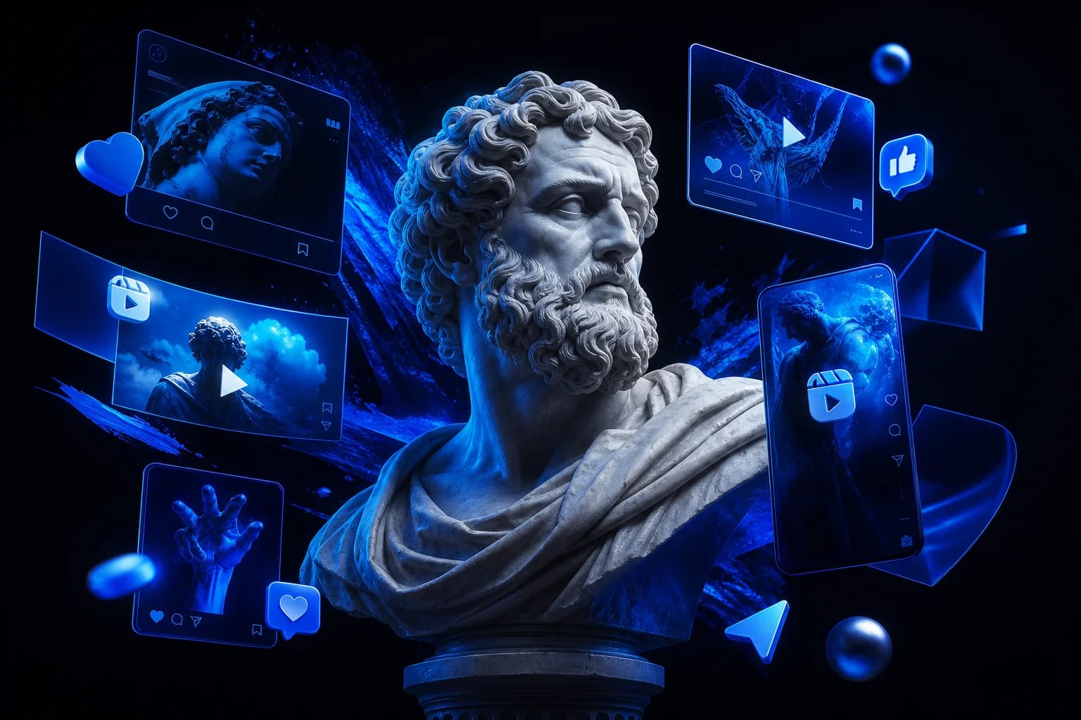 Marble philosopher with holographic social content and creative design elements — process step 3