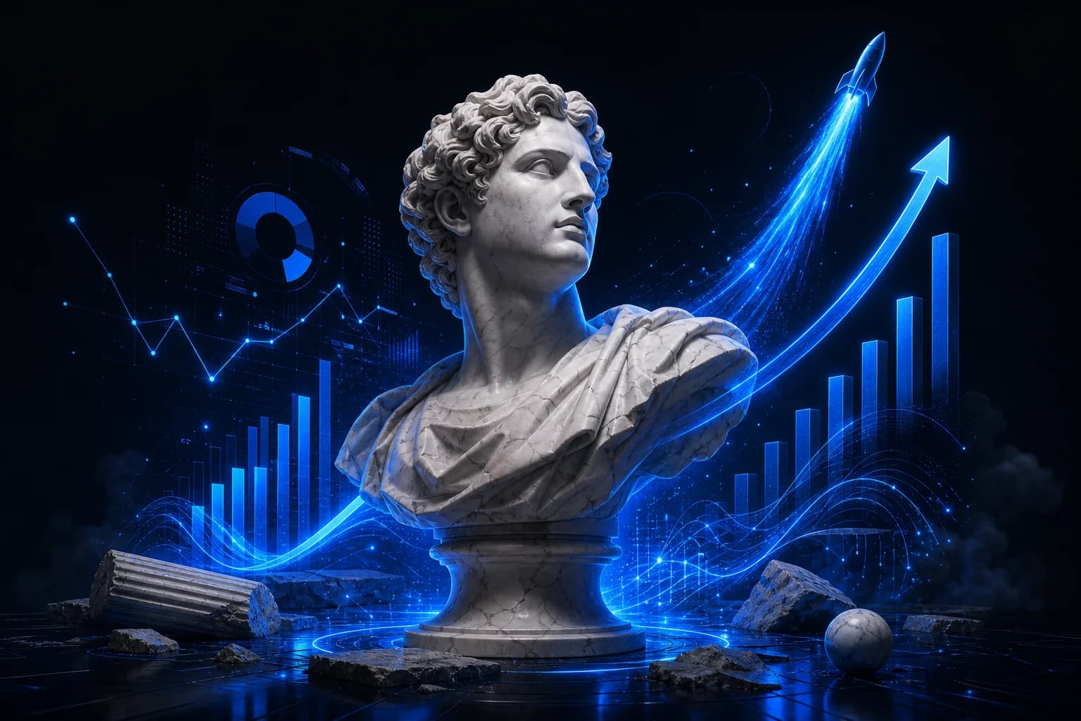 Growth scaling marble bust with ascending analytics charts