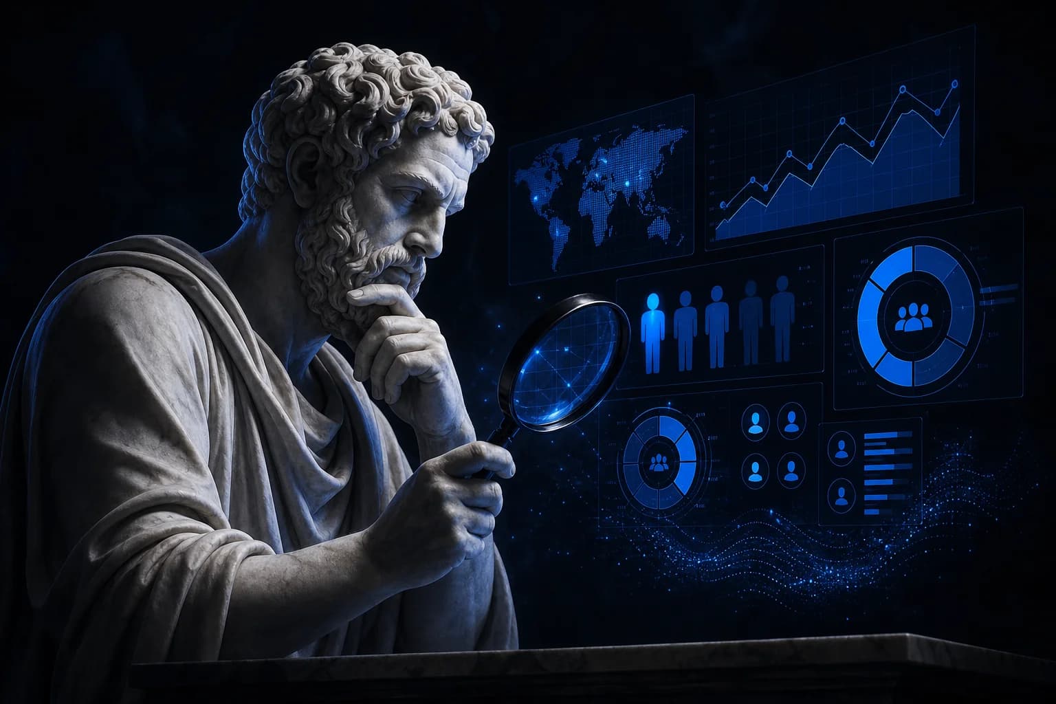 Market research marble bust with holographic audience data