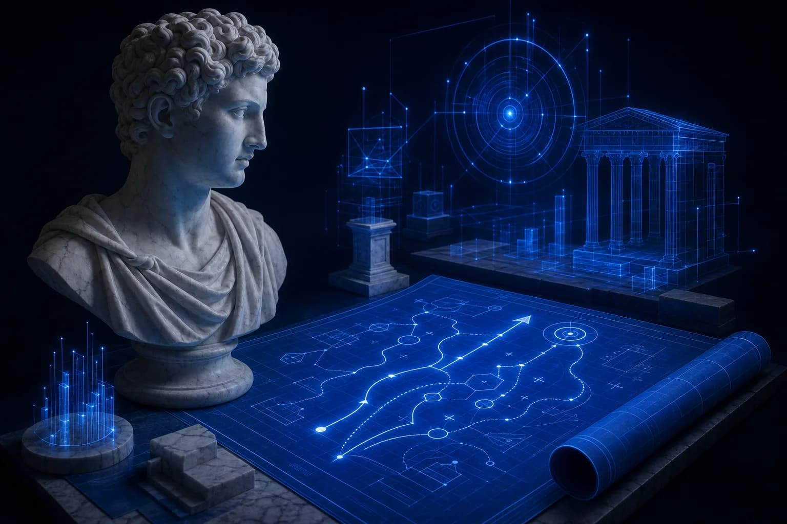 Strategy playbook marble bust with blue growth blueprint