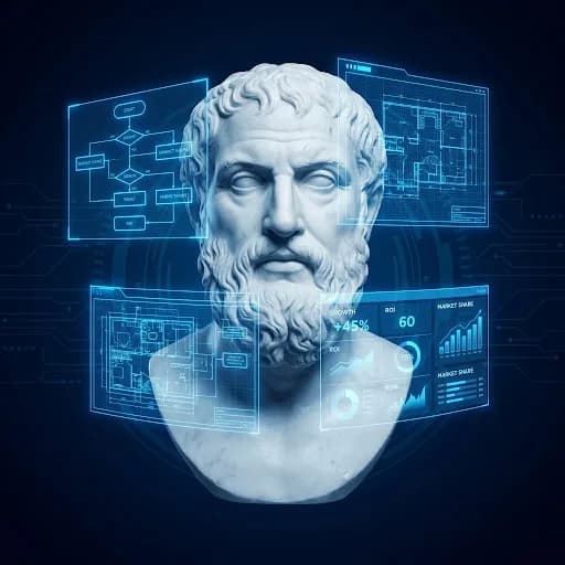 Philosophical engineering for modern brands Classical marble bust with holographic blueprints and data charts representing brand strategy and marketing architecture