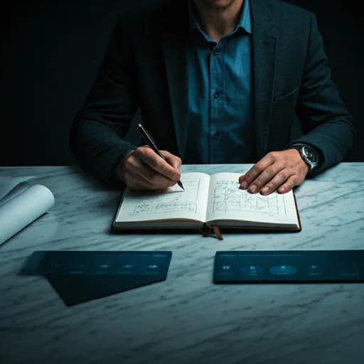 Book a consultation with Thirdline Digital Marketing strategist at a Carrara marble desk planning a digital strategy with architectural drafting tools