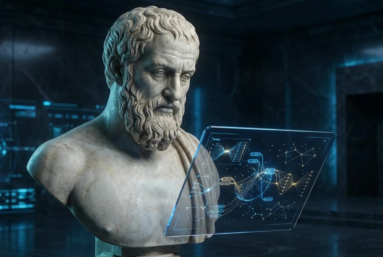 Projects that deliver results — Thirdline Digital portfolio Classical marble philosopher bust studying a holographic digital strategy interface — Thirdline Digital portfolio